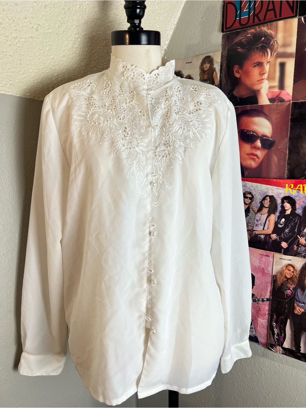 White Embroidered Lace Yoke Blouse - Women's Elegant Button Front